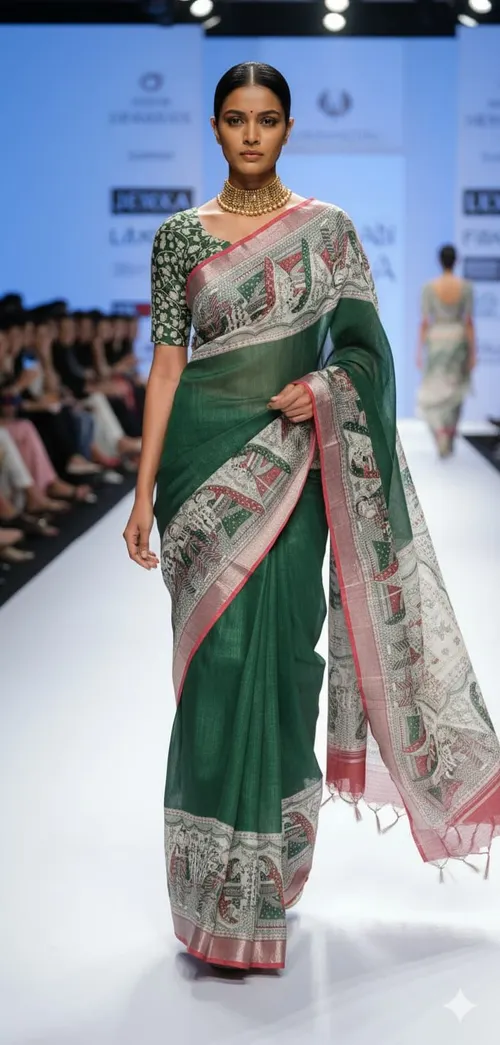 Soft Slub Cotton Madhubani Hand-Printed Saree with Striped Design & Jari Pallu